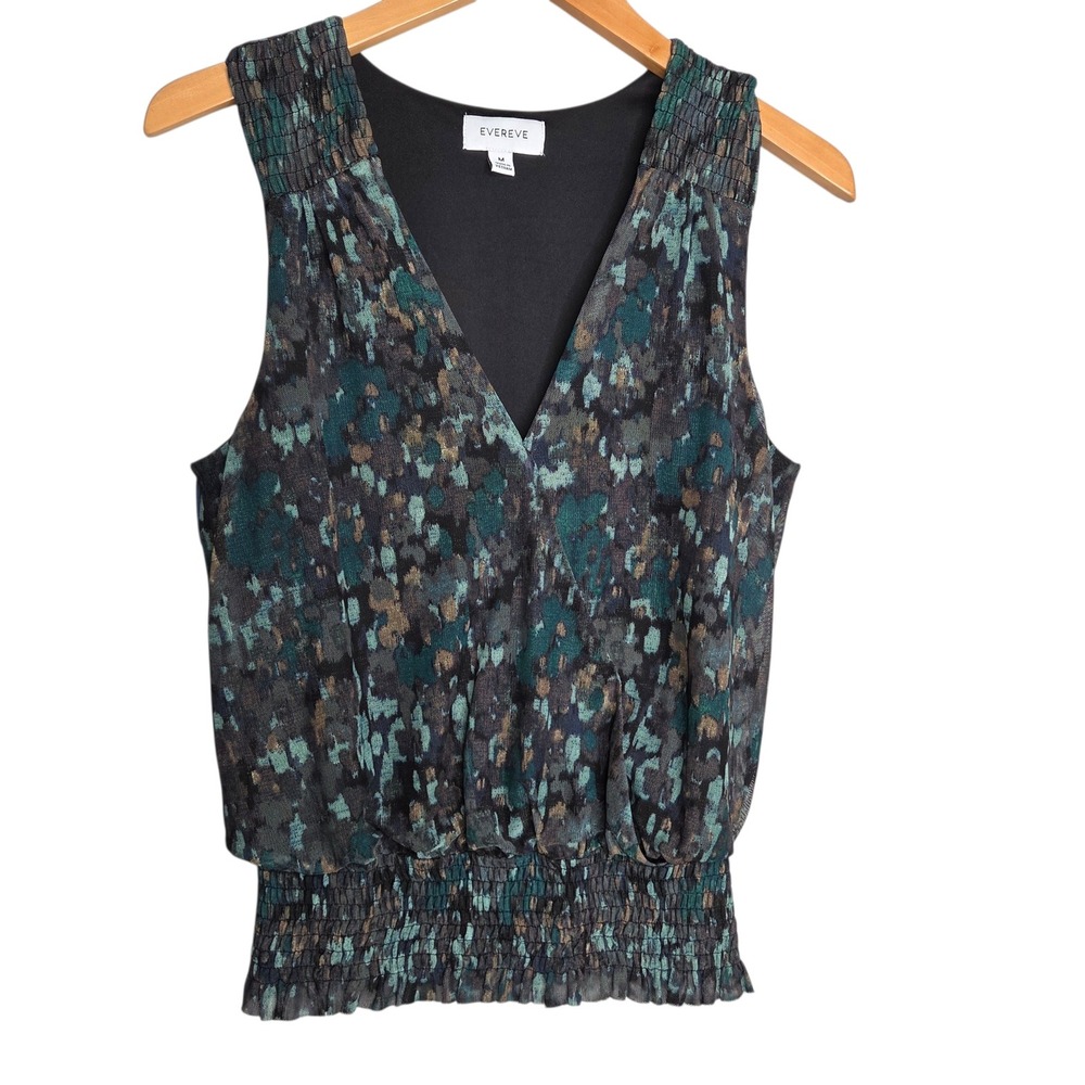 Evereve Women's V-Neck Sleeveless Blouson Top in Teal Multi